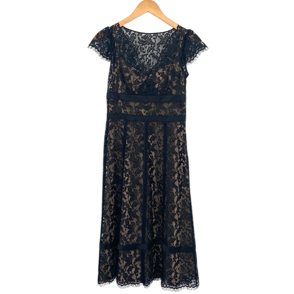 Y2K Loft Dress Women’s 0‎ Black Lace Midi Nude A-Line Cap Sleeve Surplice Neck